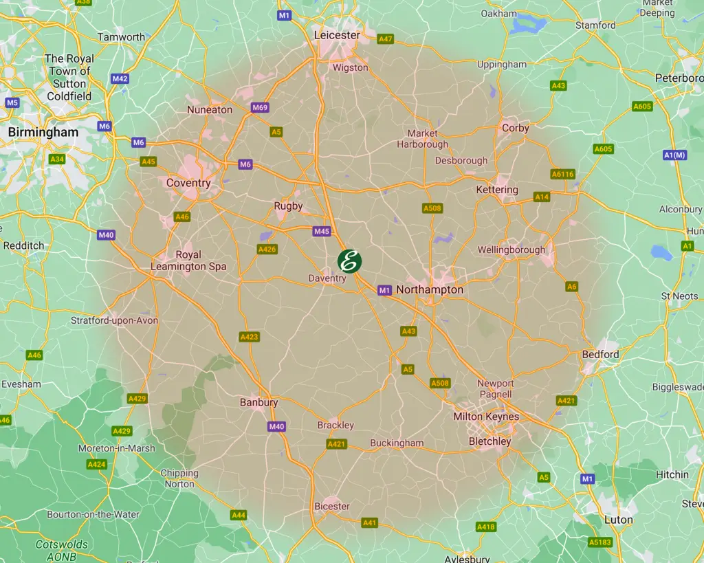 Erris concrete area of service map. Covers Coventry, Leicester, Leamington Spa, Rugby, Northampton, Milton Keynes, Banbury, Kettering